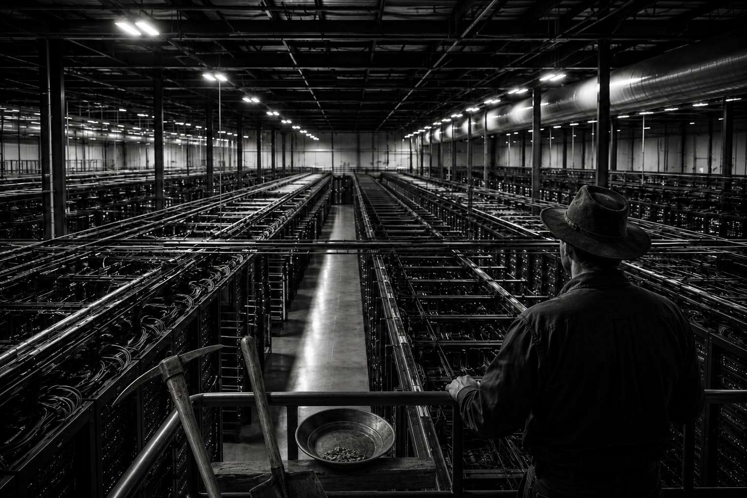Centro de datos en blanco y negro convertido en mina contemporánea, con un buscador de oro digital observando filas de servidores junto a un pico, una pala y un cedazo.