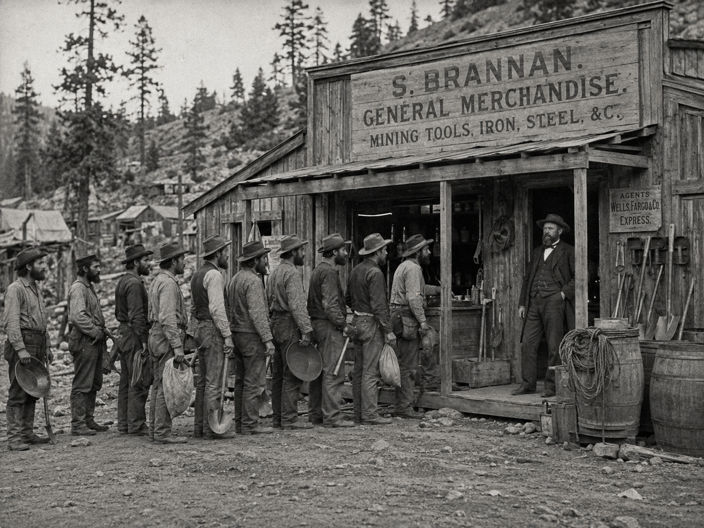 Fotografía en blanco y negro de varios buscadores de oro haciendo cola frente a una tienda de suministros mineros, mientras el comerciante observa desde la entrada.