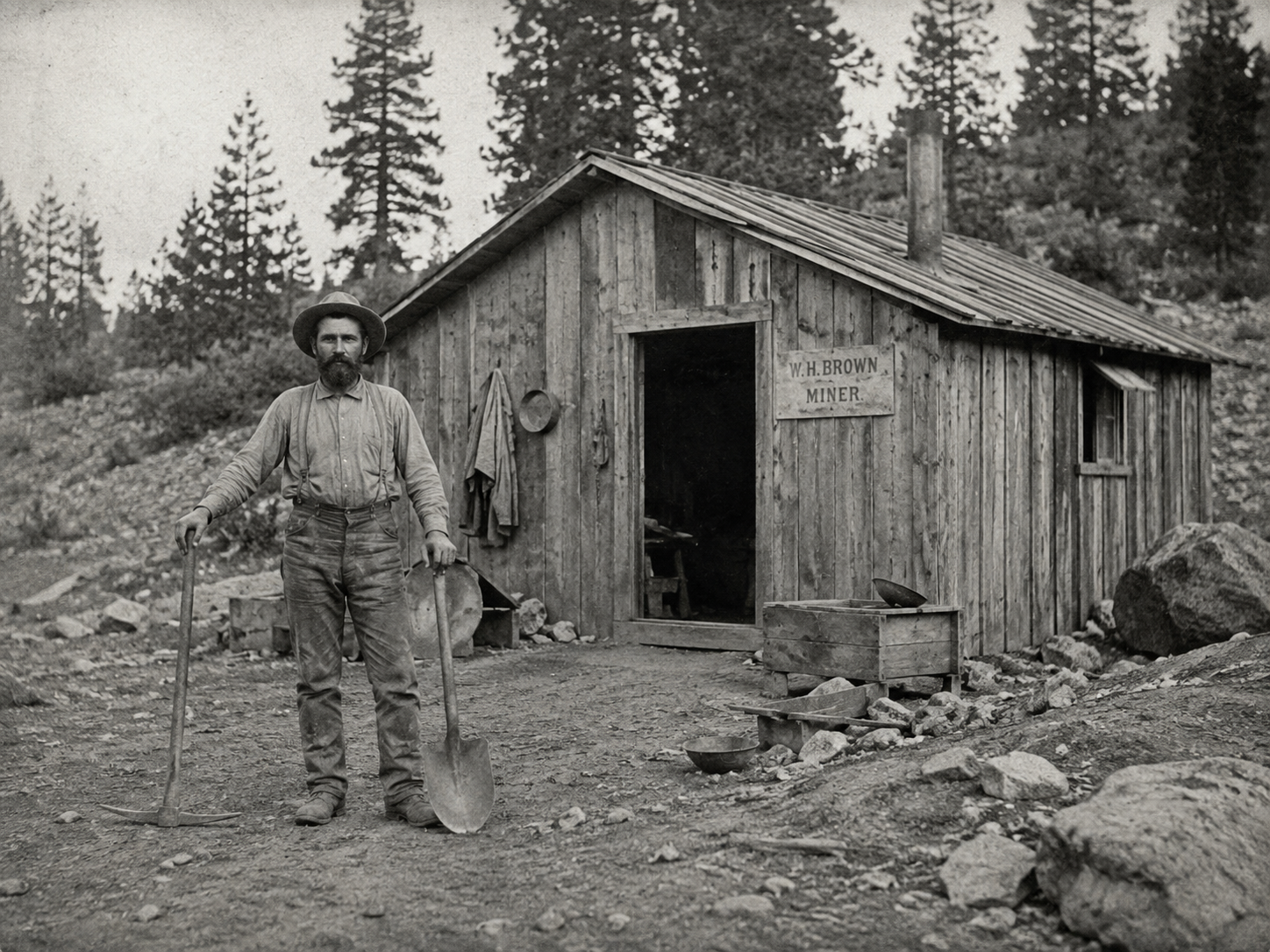 Fotografía en blanco y negro de un buscador de oro de la época de la fiebre del oro, con barba, sombrero, pico y pala, posando frente a una choza de madera, con árboles al fondo.