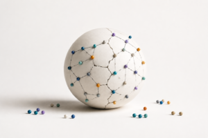 Esfera blanca agrietada con nodos de colores conectados, algunos dispersos fuera de la estructura, como representación de la fragmentación de la anotación y la pérdida de consistencia en los datos.