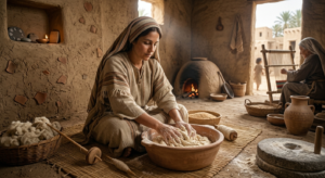 Recreación de una mujer judeana preparando pan en un hogar de Babilonia durante el exilio